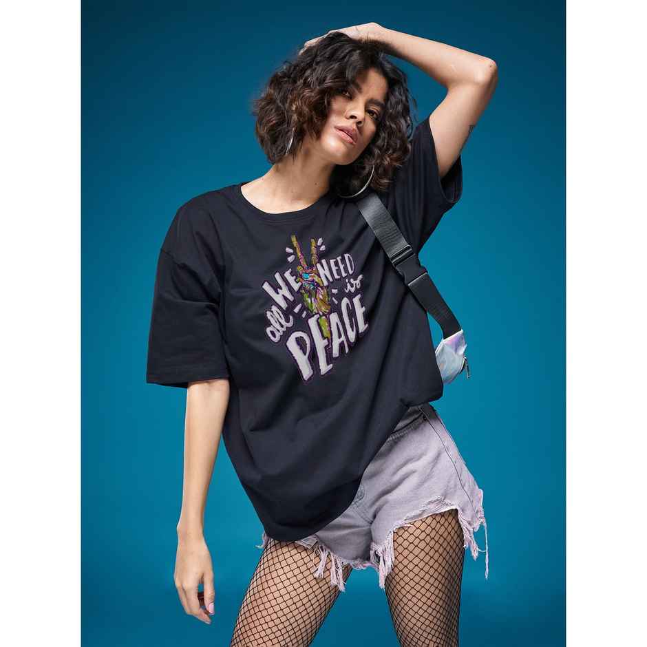 Smartees Women's Oversize Printed T-shirt | WW - 2055 | Black - XL