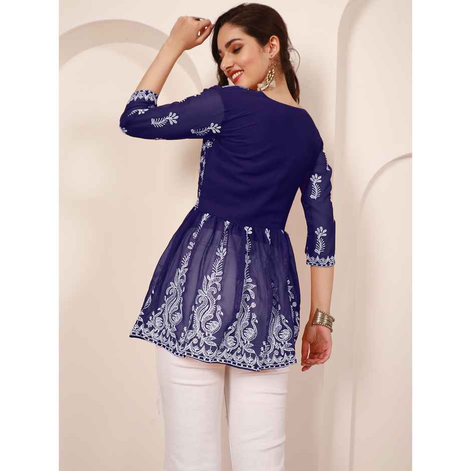 Youthnic Georgette Chikankari Embroidered Short Kurti For Women | T6 - Paaro - Navy - S