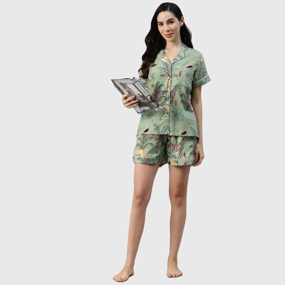 Divena Women s Sea Green Cotton Animal Print Night Suit | DK0217 | S