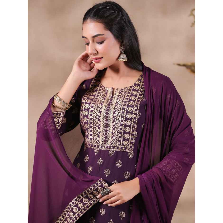 Ishin Women Straight Ethnic Silk Blend Kurta Set with Dupatta | INWSDAW231219 | Purple - M