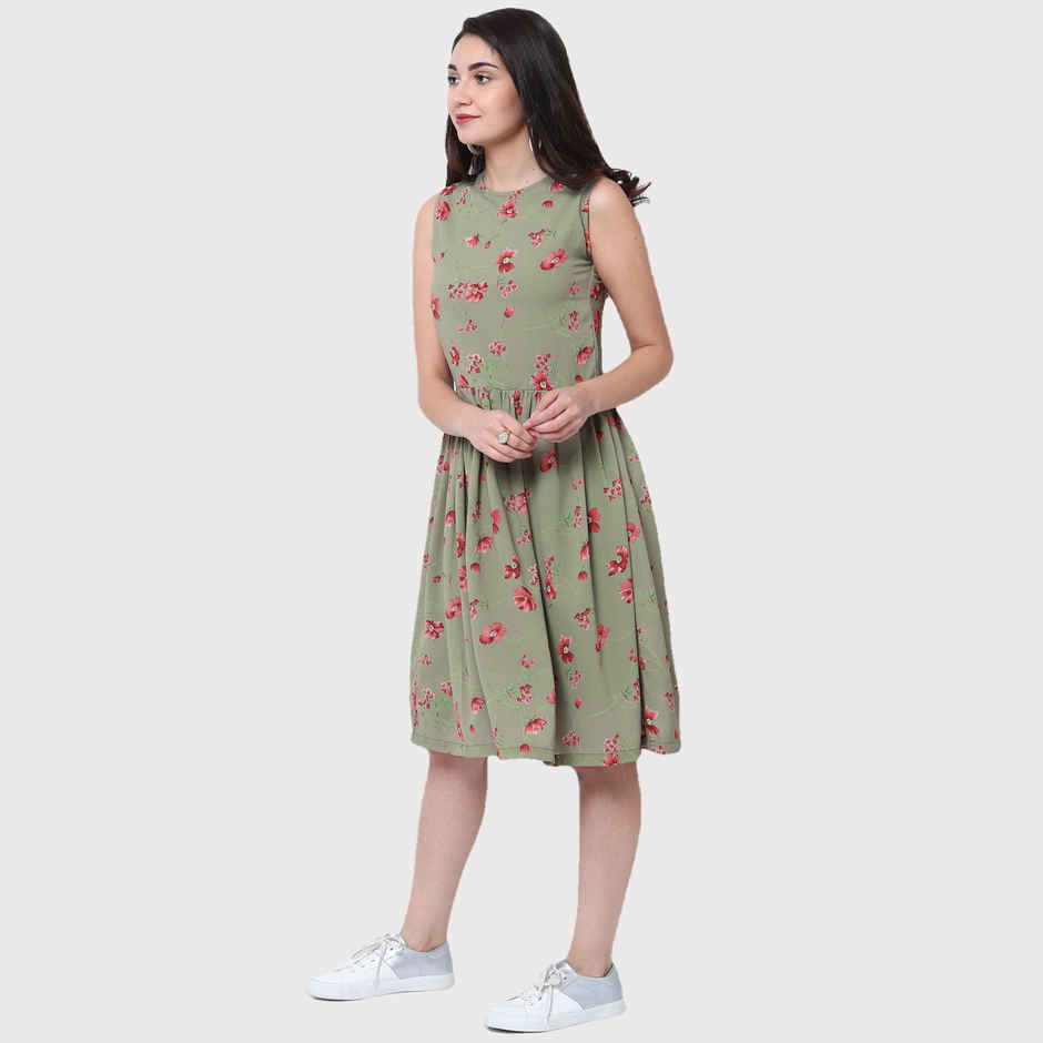 Tokyo Talkies Women's Printed Fit and Flare Dress | Green - L
