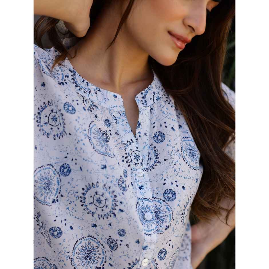 Sanskrutihomes Women Ethnic Motifs Printed Pure Cotton White Night Suit SE-NSP-519 | L