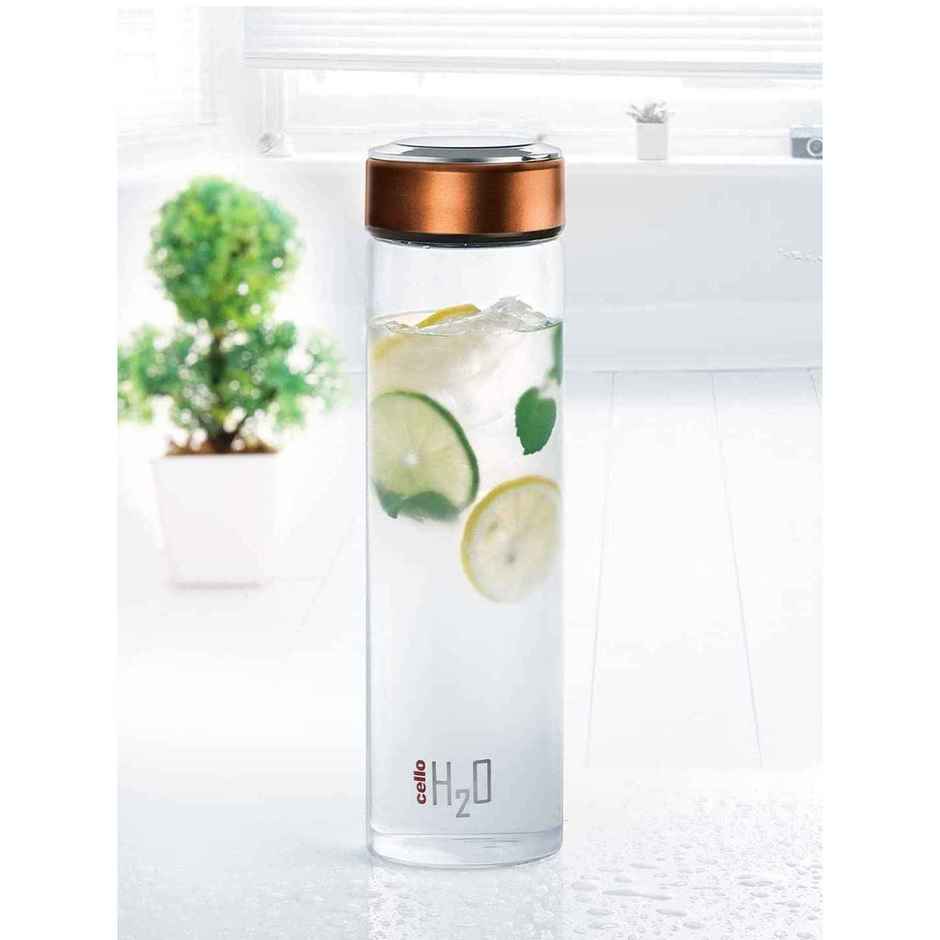 CELLO H2O Glass Fridge Water Bottle with Cap 1000ml, Copper | Food Grade, Microwave & Freezer Safe