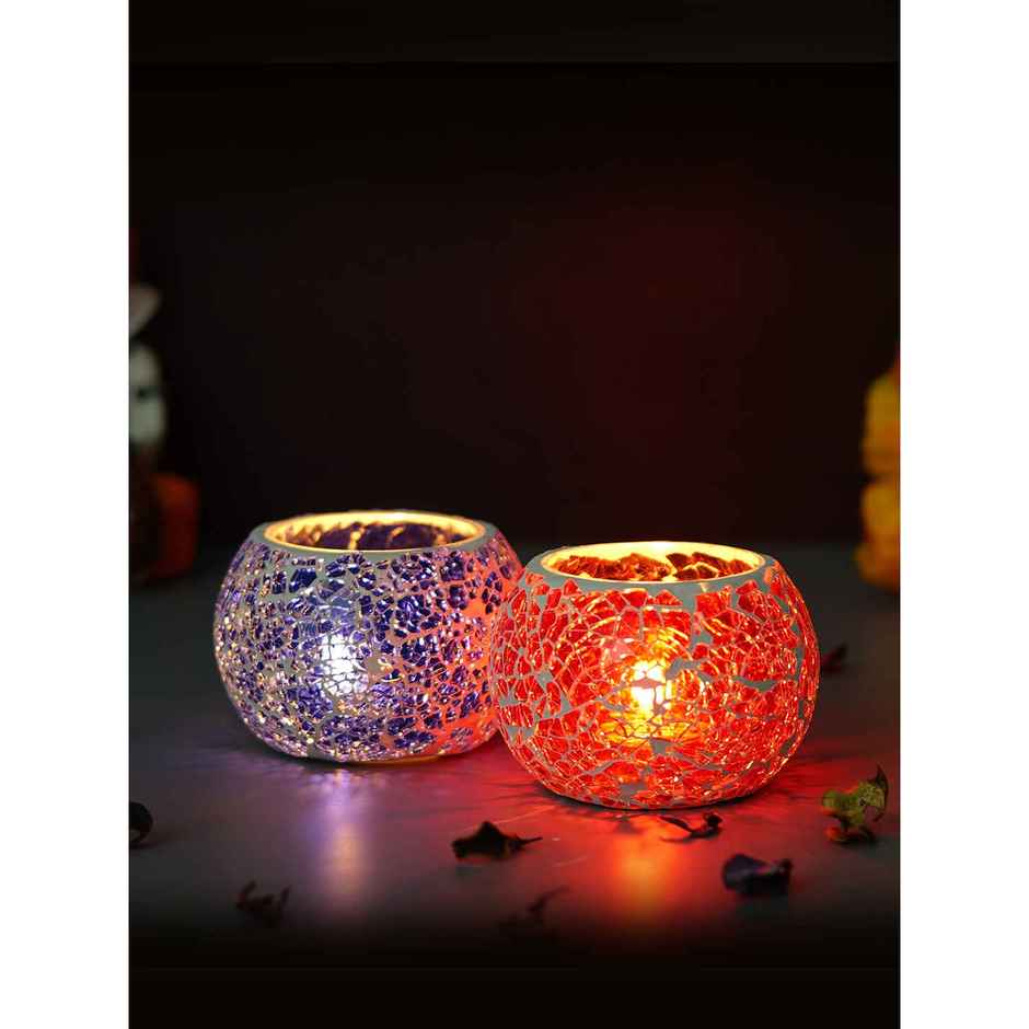 eCraftIndia Purple & Red Set of 2 Mosiac Glass Decorative Tea Light Holder/diya