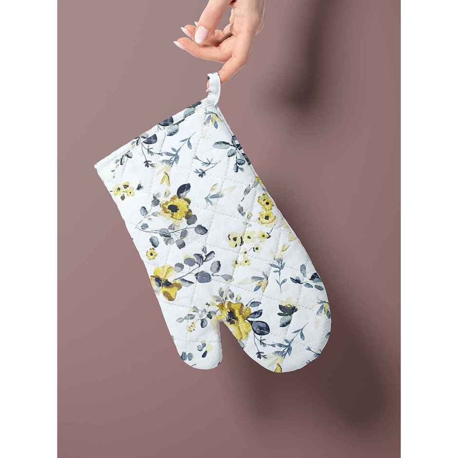 Bianca Premium Printed Cotton Apron, Oven Mitt, Pot Holder Set | Florence Floral | Yellow & Grey