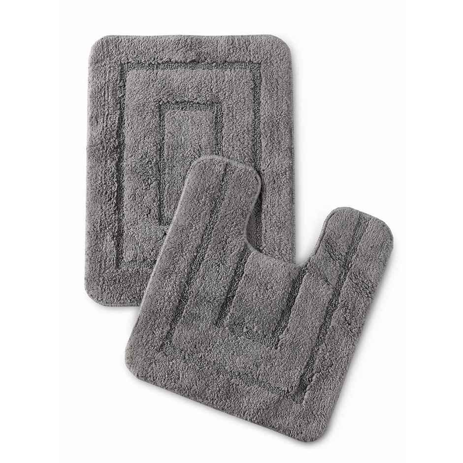 Saral Home Cotton Anti-Slip Bathmat & Contour Set | 45 x 60 cm & 45 x 50 cm | Grey