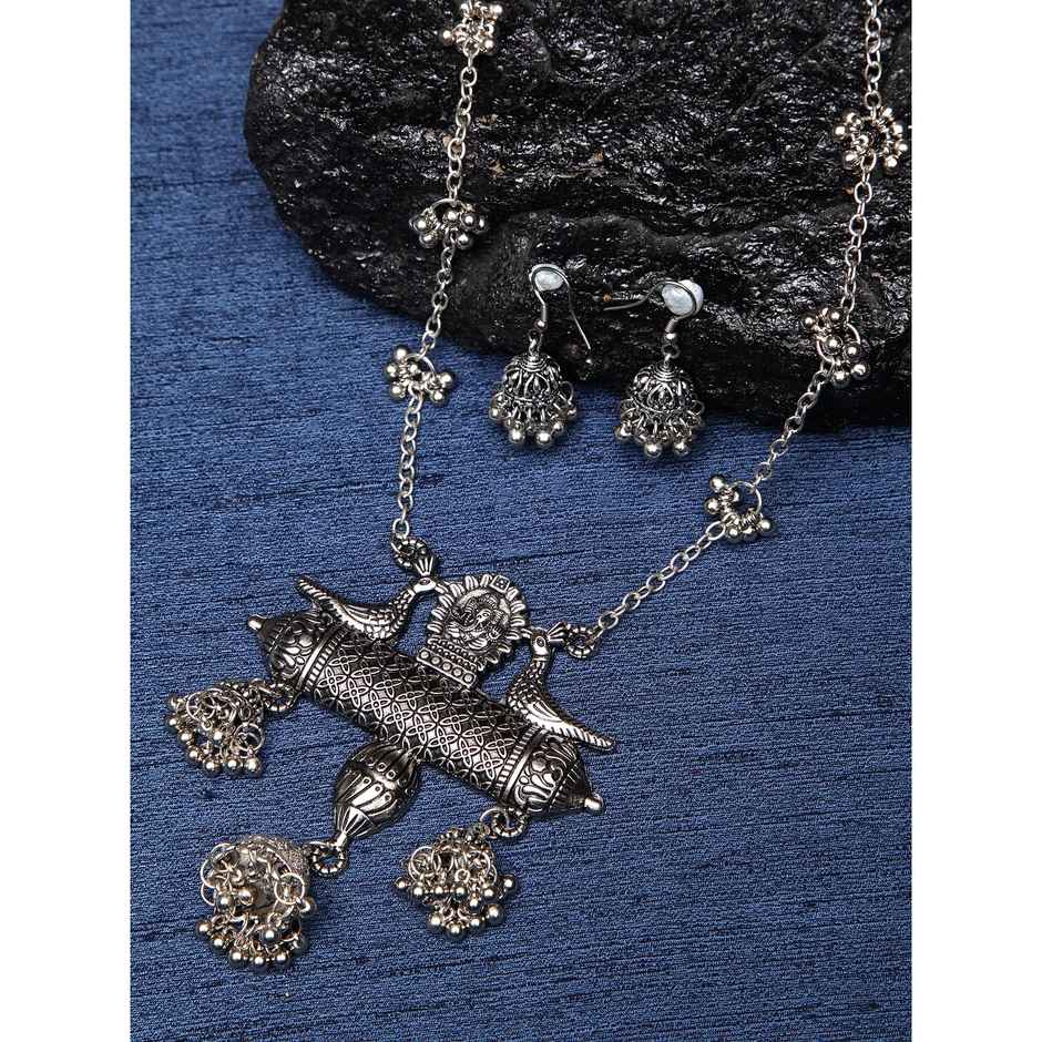 Shining Diva Fashion Oxidised German Silver Afghani Earrings Chain Necklace Set for Women | 12013s