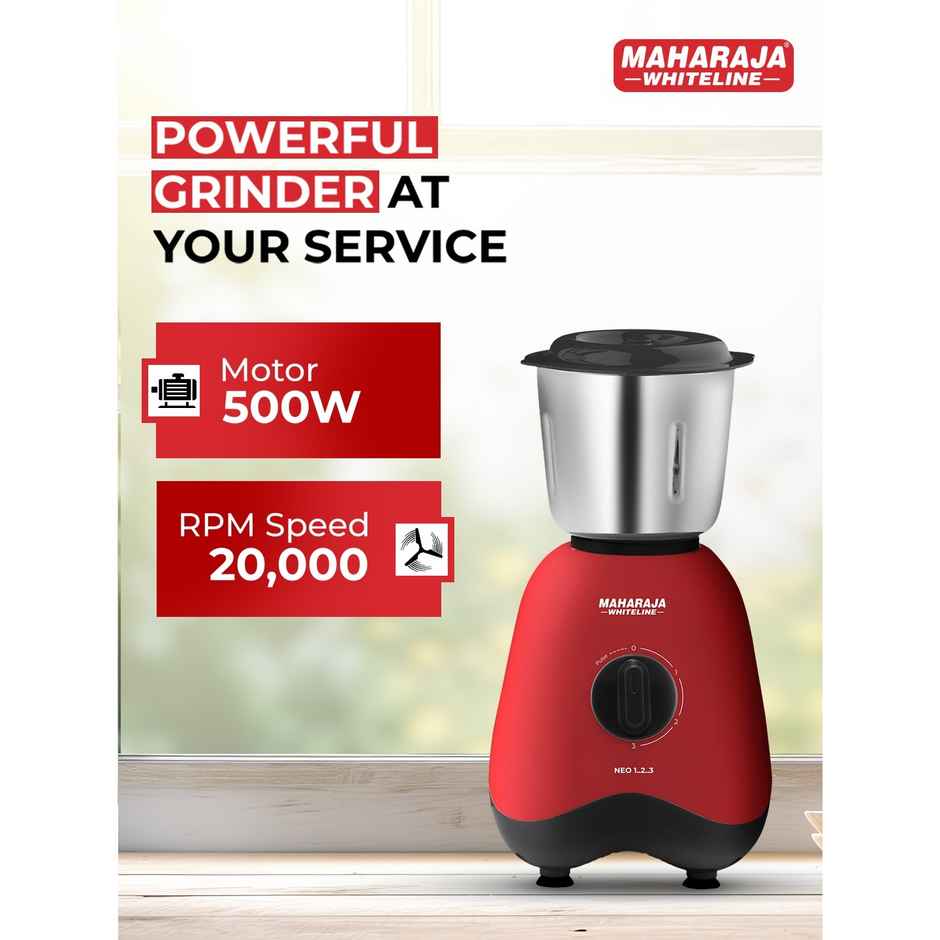 Maharaja Whiteline Neo 1..2..3 Mixer Grinder | 500 W | 2 Jars - Black & Red