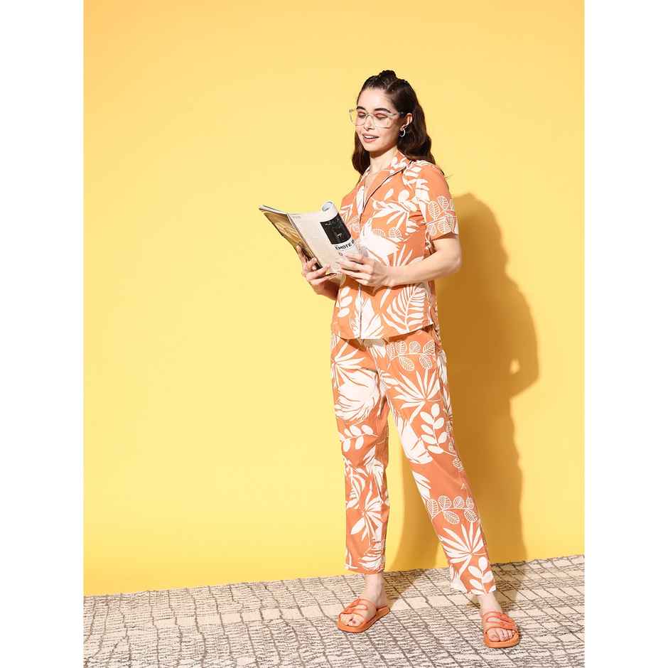 Sanskrutihomes Women Orange & White Pure Cotton Floral Printed Night Suit SE-NSP-92 | L