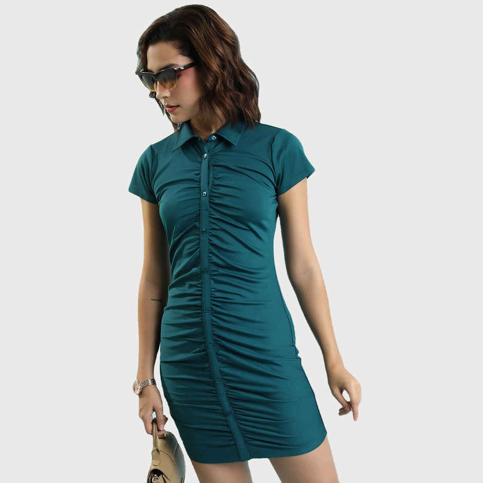 Ketch Women's Ruched Short Sleeves Shirt Style Mini Dress | Teal - S