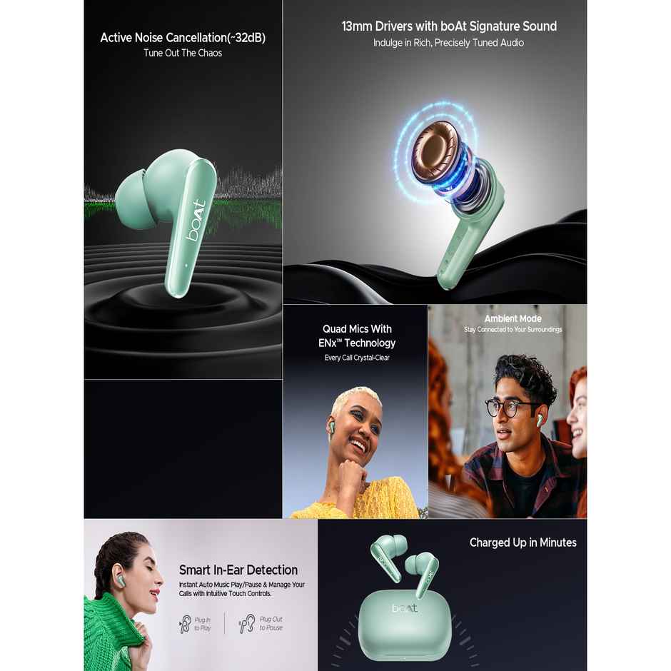 boAt Airdopes 280 ANC 32dB | 60Hrs | 13Mm Drivers | 4Mics Enx | Aquamarine Green