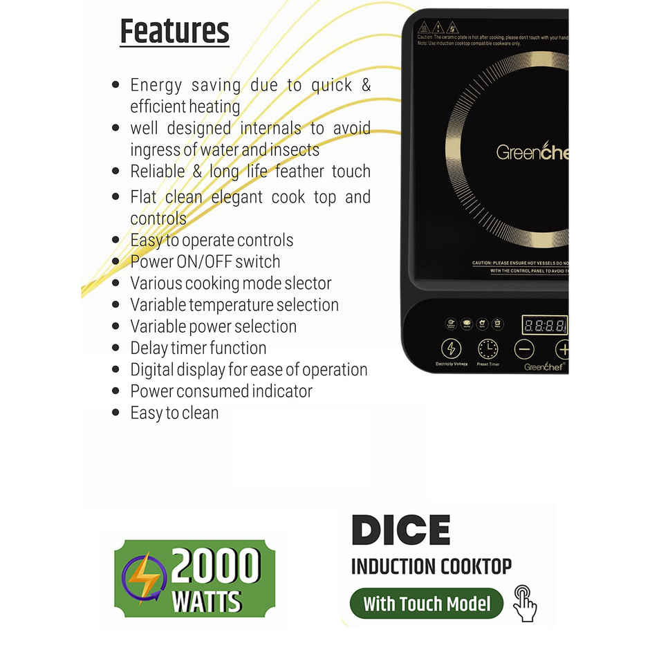 Greenchef DICE 2000watts LED display Induction Cooktop with touch button, pre set function and timer Induction Cook Top, touch panel - Black
