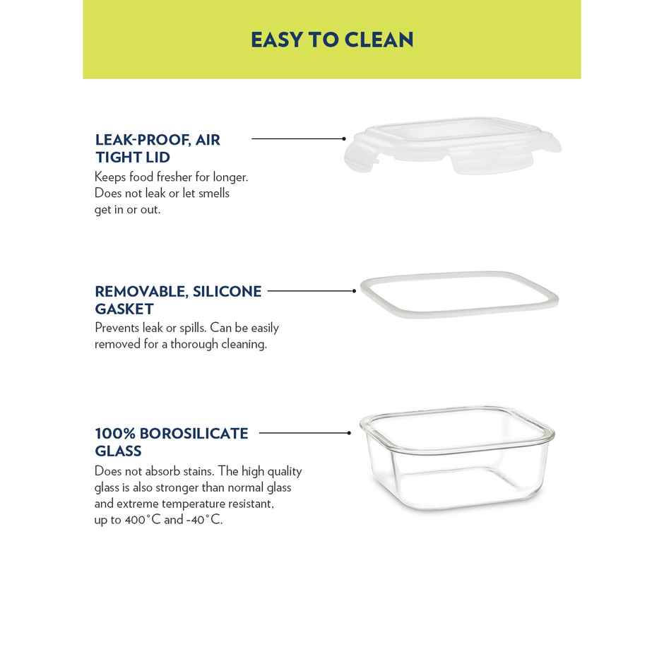 Borosil Alfa Lunchbox | 2 Pcs Glass Set | 320 ml x 2 | Square | Vertical