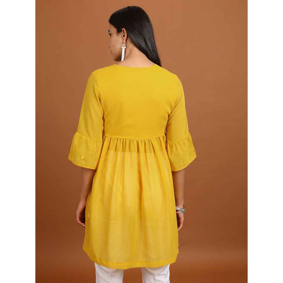 Ketch Women's Ethnic Motifs Embroidered V-Neck Bell Sleeve Pleated A-Line Kurti | Mustard | L