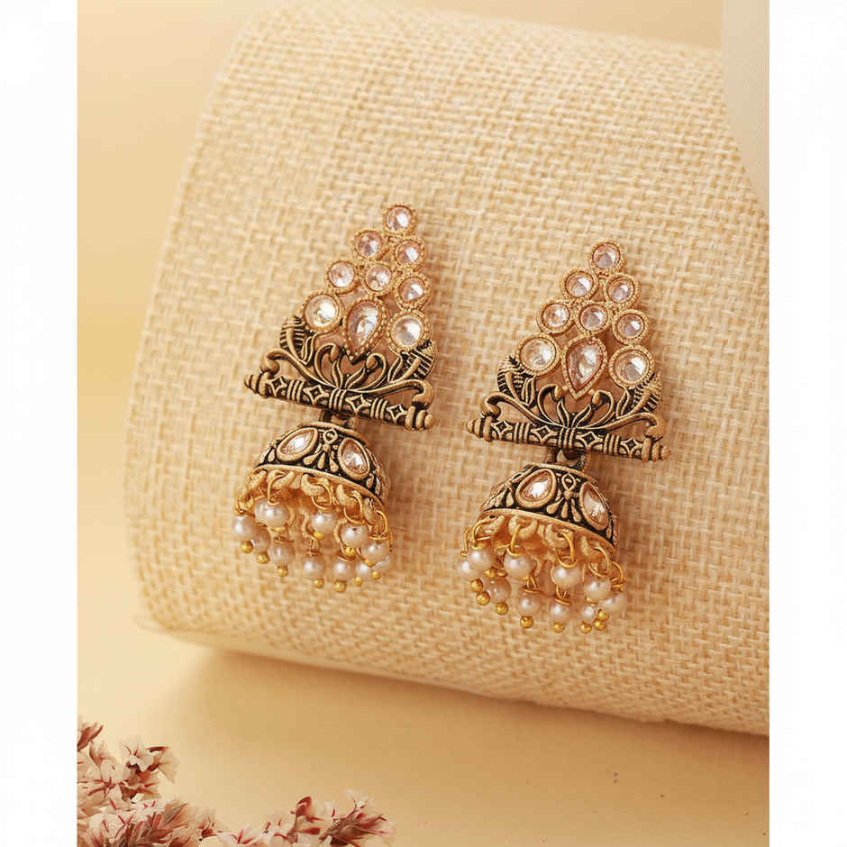 Aatmana Gold-Plated Kundan Studded Triangular Shaped Jhumka Earrings