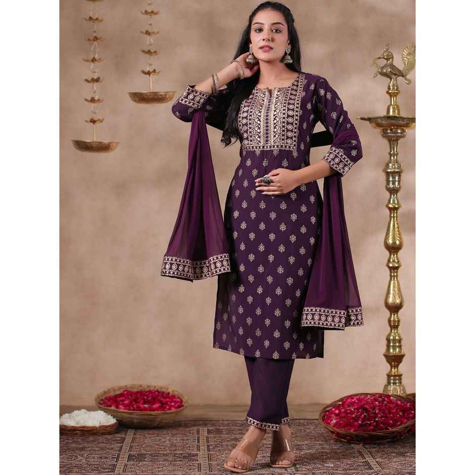 Ishin Women Straight Ethnic Silk Blend Kurta Set with Dupatta | INWSDAW231219 | Purple - M