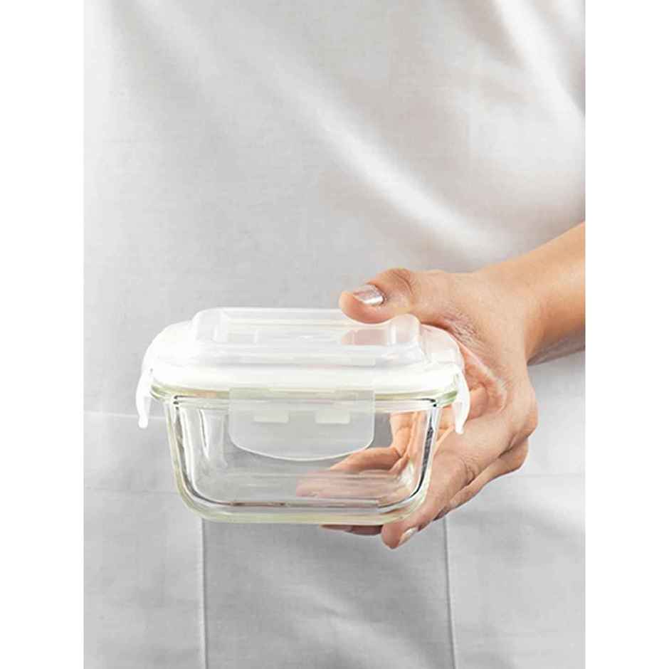Borosil Square Lunch Box With Bag (320 ml + 320 ml) | Borosilicate Glass