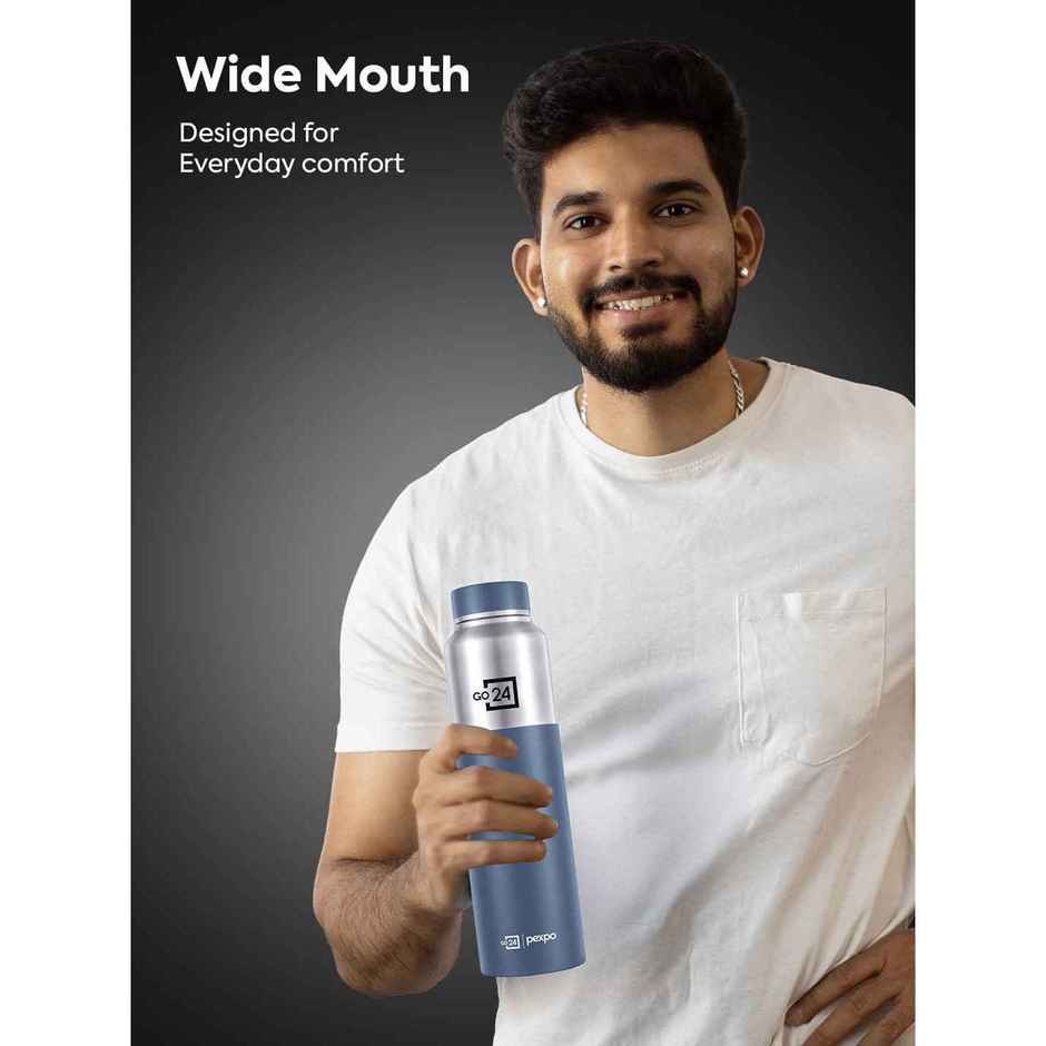 Pexpo Crown Stainless Steel Sports | Fridge Water Bottle | Silver-Denim Blue