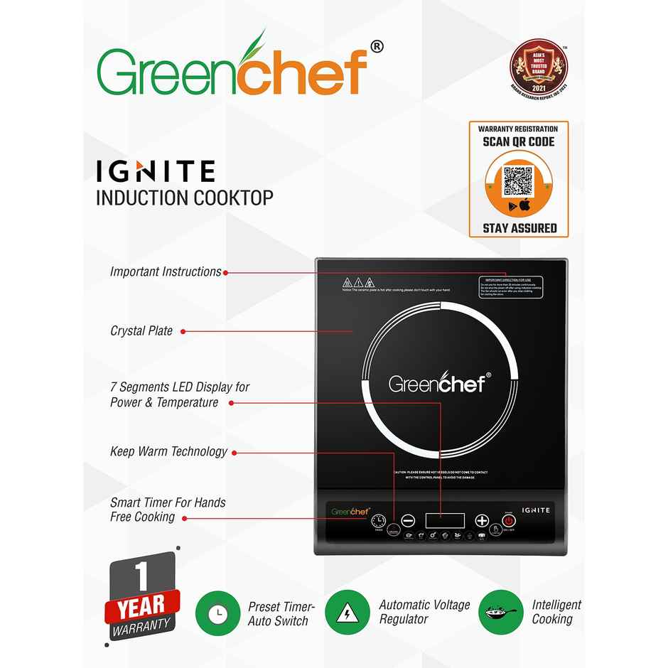 Greenchef Ignite 1800 W Induction Cooktop Push Button | Black