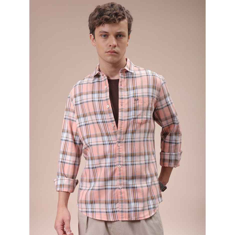 The Indian Garage Co Men's Slim Fit Checkered Casual Shirt | Pink - S