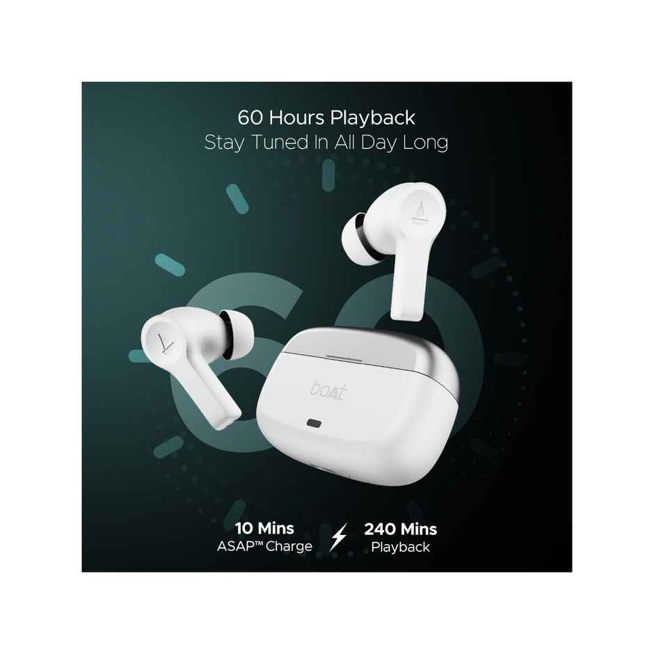 boAt Airdopes Flex 454 ANC TWS Earbuds with mic, 60Hrs Battery, Active Noise Cancellation(32dB), App Support, 4Mics ENx, Fast Charge, v5.2 Bluetooth Earbuds - Zinc White