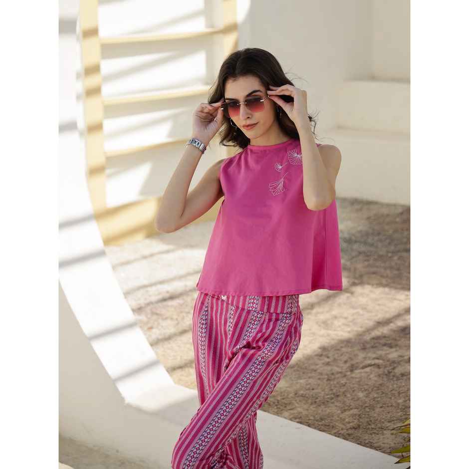 Sanskrutihomes Women Embroidered Pure Cotton Pink Top With Trousers Co-Ords SE-NSP-611 | XL
