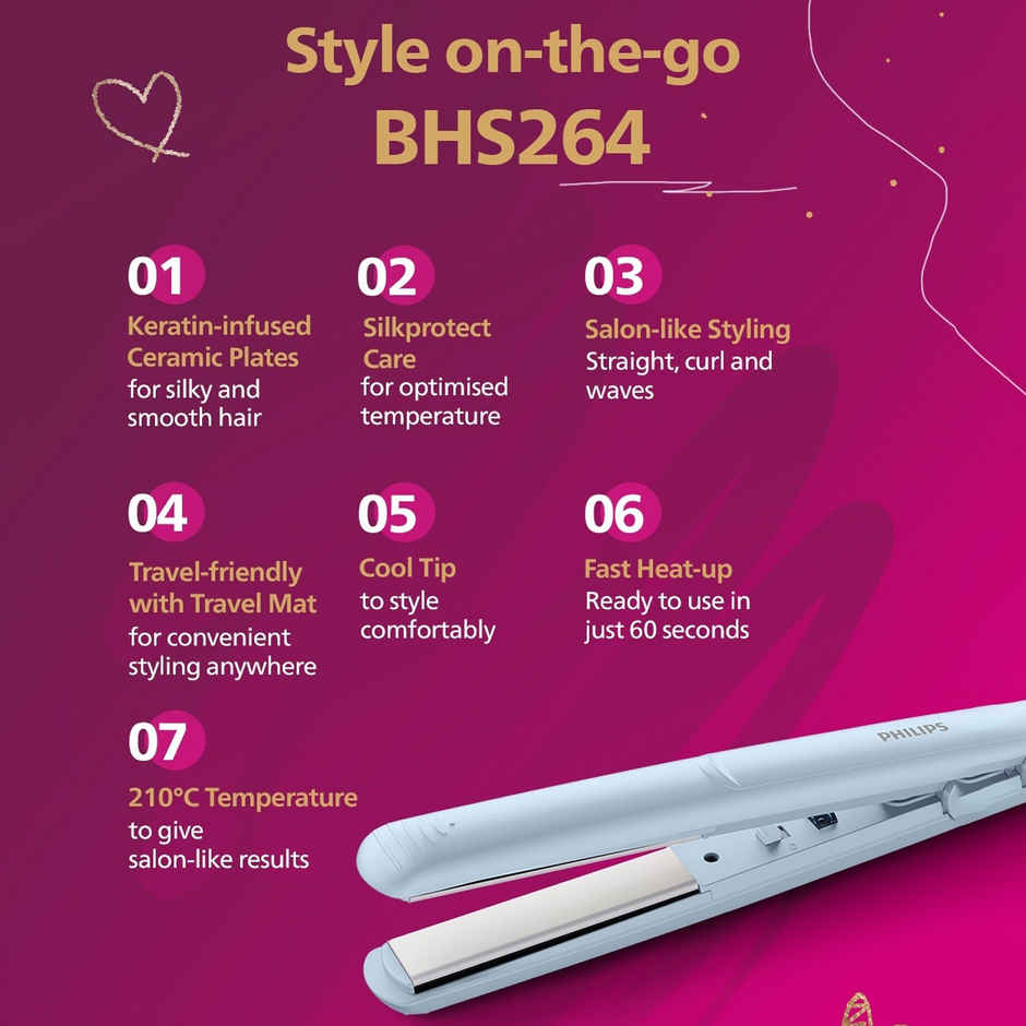 Philips Bhs264/00 Silkprotect On The Go Hair Straightener With Kerashine - Light Blue