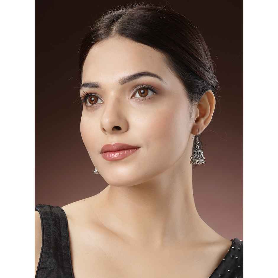 NVR Women's Silver-toned German Silver Oxidised Dome Shaped Jhumka Earrings | NVR2502