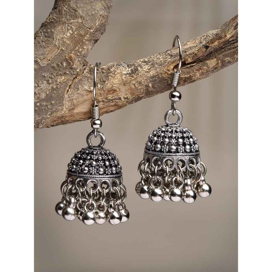 NVR Women's Silver-toned German Silver Oxidised Dome Shaped Jhumka Earrings | NVR2502