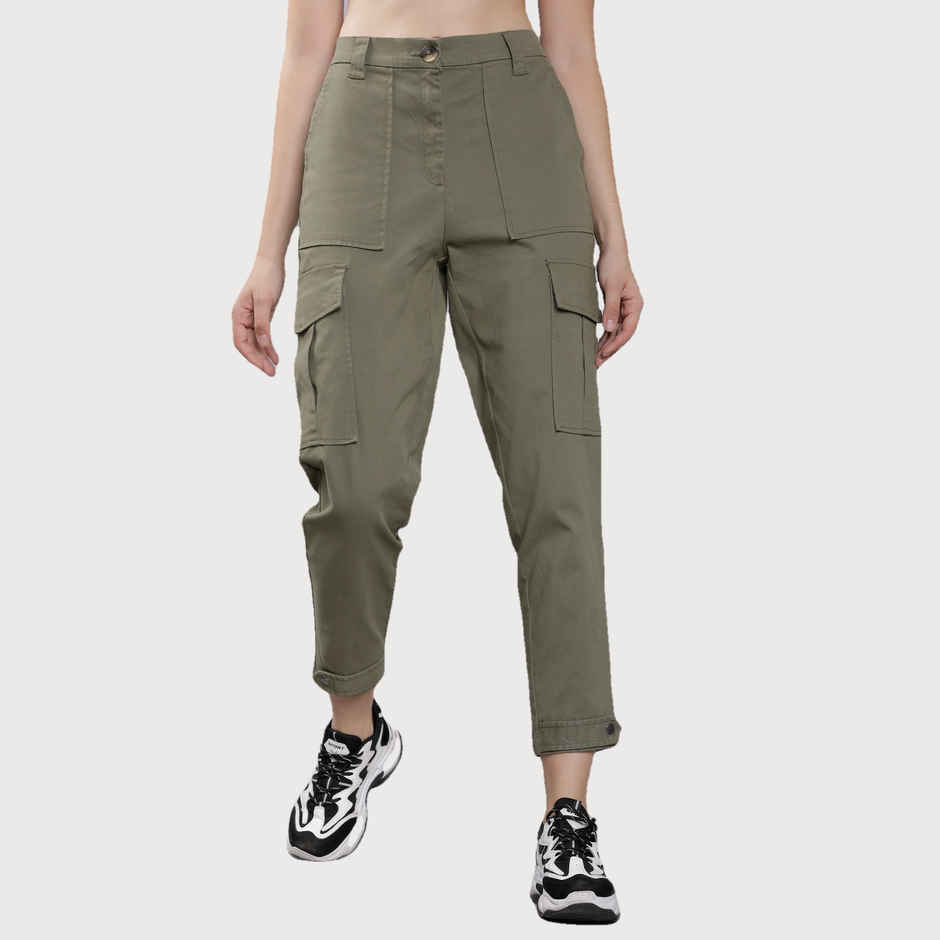 Tokyo Talkies Women's Regular Fit Solid Cargos | Olive Green - 32