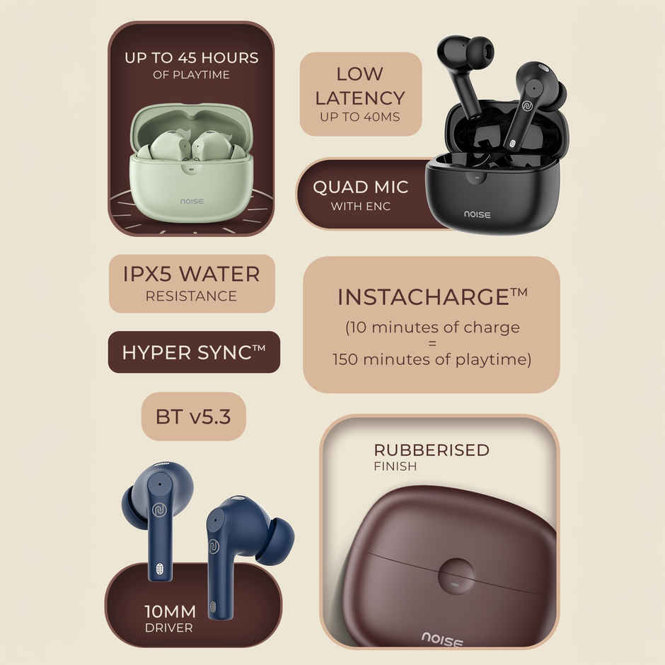 Noise Buds Nero TWS Earbuds with Rubberised Finish, Quad Mic ENC & 45H Playtime - Charcoal Black