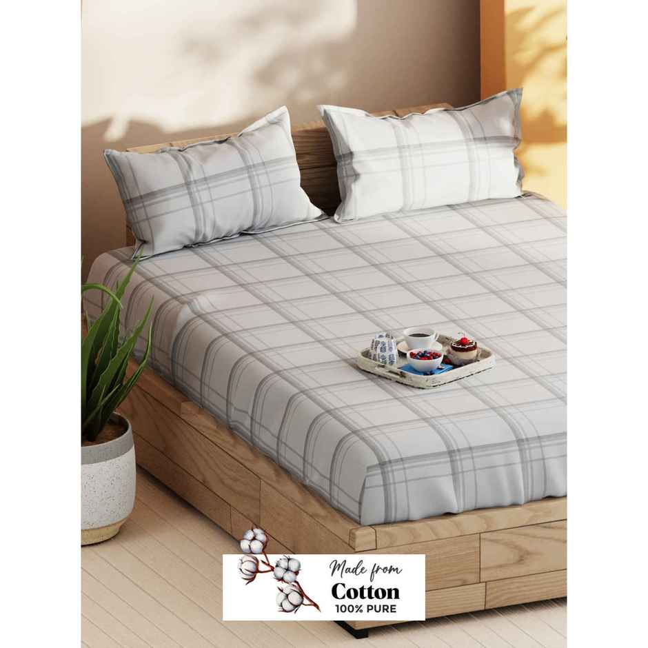 Bianca Soft 100% Natural Cotton Double Bedsheet With 2 Pillow Covers | Laquasa Checks | Stone
