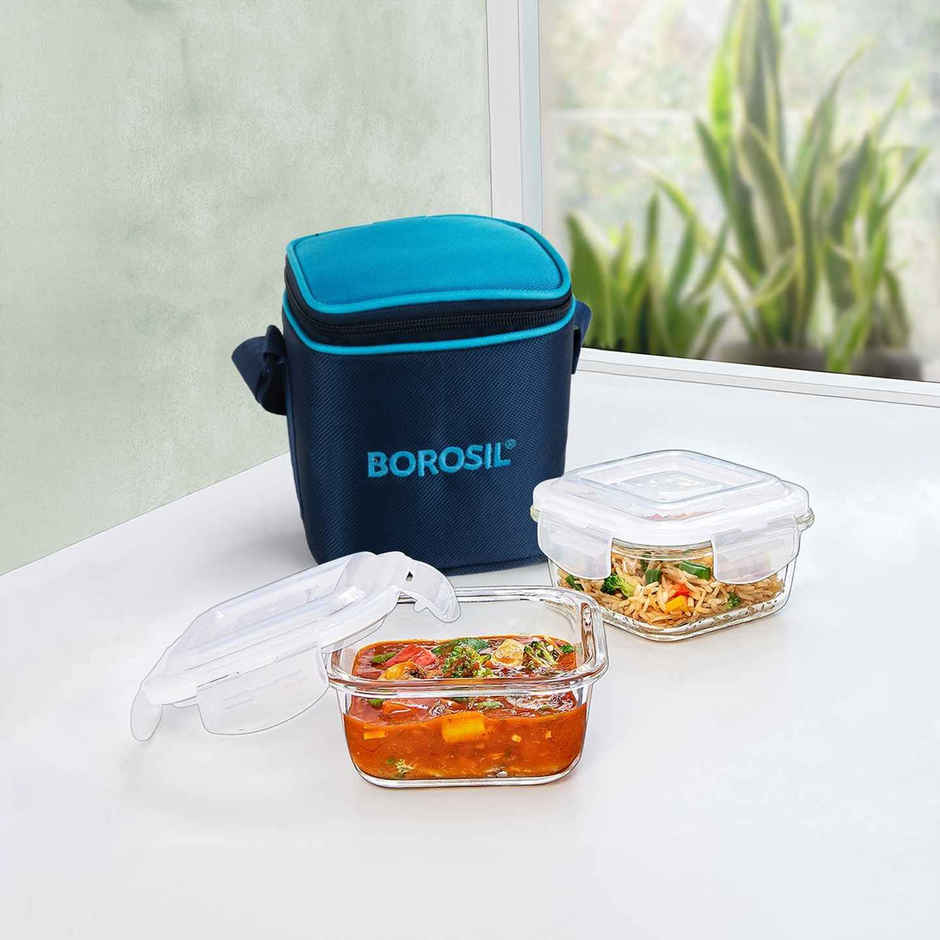 Borosil Alfa Lunchbox | 2 Pcs Glass Set | 320 ml x 2 | Square | Vertical