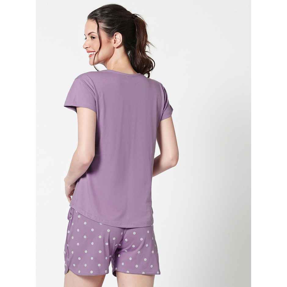Zeyo Women Cotton Dot Printed Purple Night Suit Set of Top & Shorts 5226-PP- S