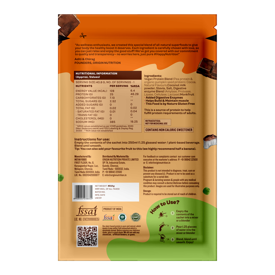 Origin Nutrition Daily Plant Protein Chocolate Single Serving