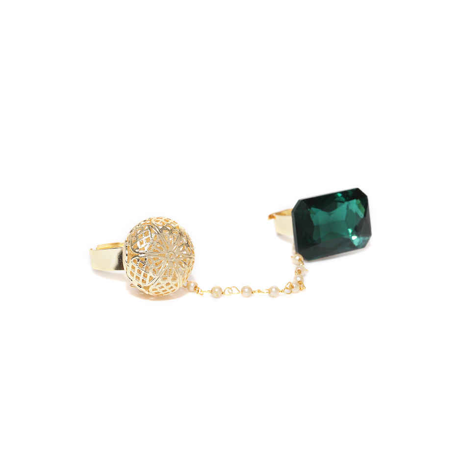 Priyaasi Gold-Toned And Green Stone-Studded Dual Finger Adjustable Finger Ring For Women And Girls