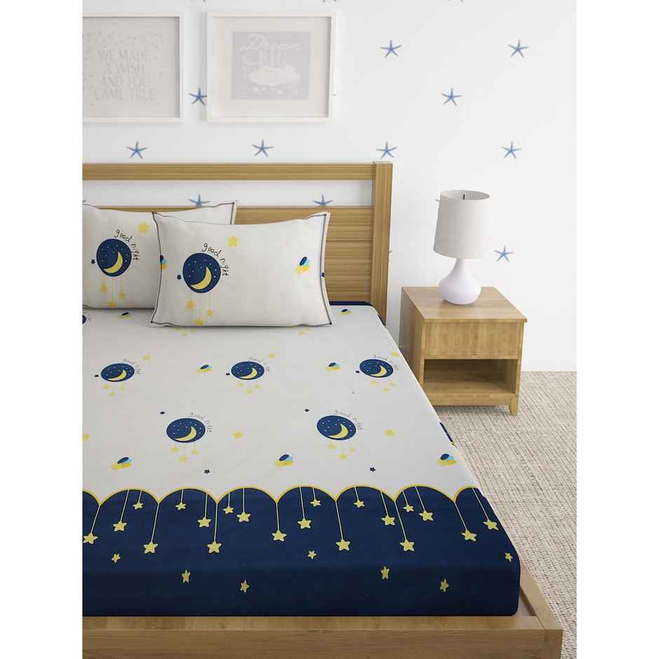 Hosta Homes 220 Gsm Glaced Cottonblue Moon & Stars Printed Double Bed Sheet With 2 Pillow Covers