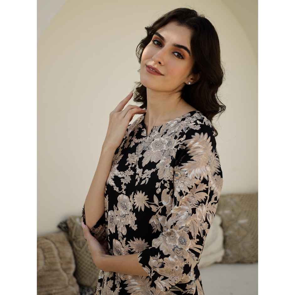 Sanskrutihomes Women Floral Black Printed Pure Cotton Night Suit SE-NSP-777 | L