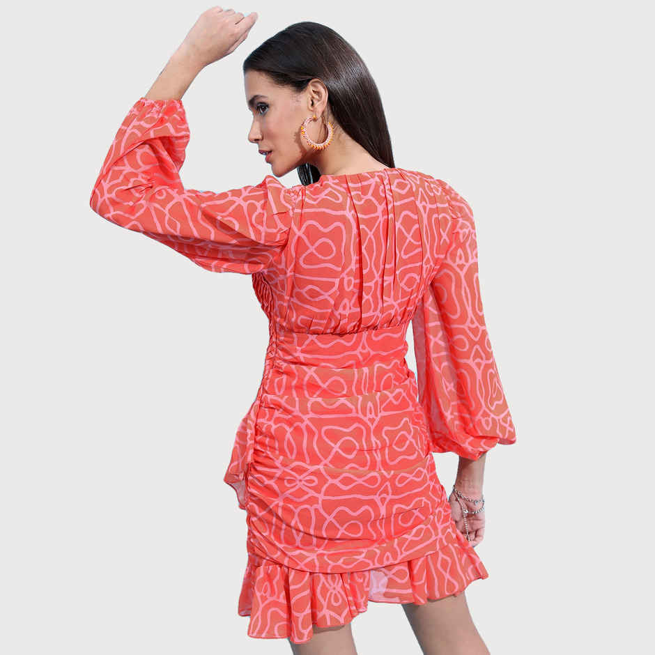 Ketch Women Red Abstract Printed Puff Sleeve Gathered Or Pleated Wrap Dress | Red | M