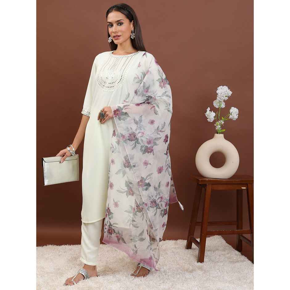 Ketch Women's Ethnic Motifs Embroidered Mirror Work Kurta With Trousers Dupatta | Cream | S