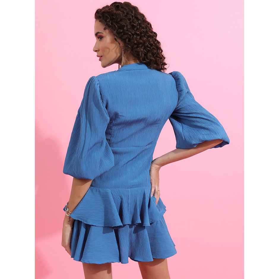 Tokyo Talkies Women's Shirt Tiered Dress With Founance Sleeve | Blue - L
