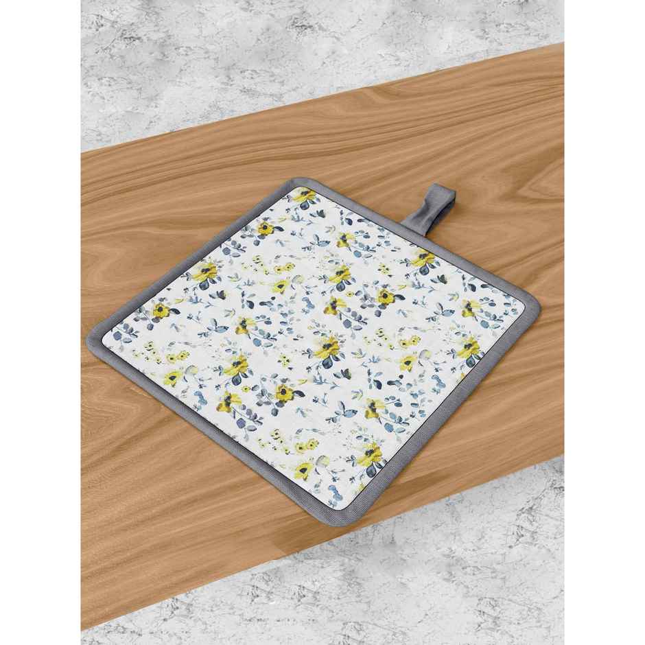 Bianca Premium Printed Cotton Apron, Oven Mitt, Pot Holder Set | Florence Floral | Yellow & Grey
