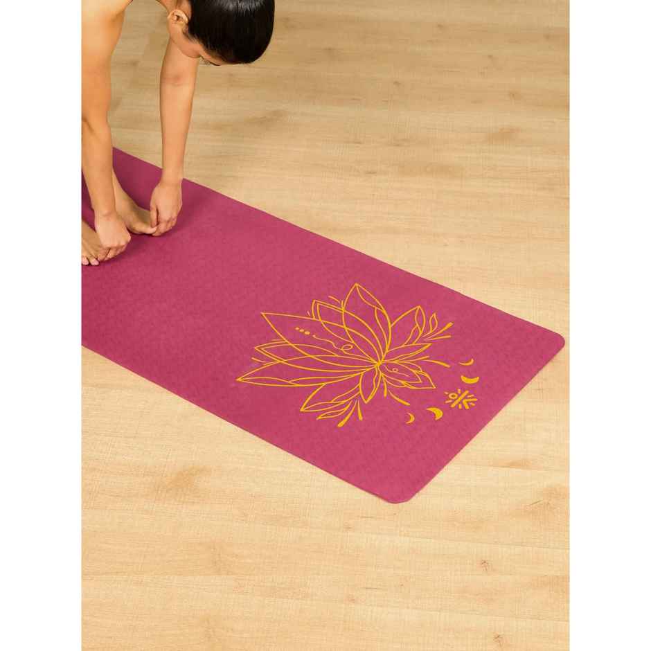 Cult Unisex TPE Yoga Mat | Lotus Print, With Bag & Strap | Purple - 6 mm