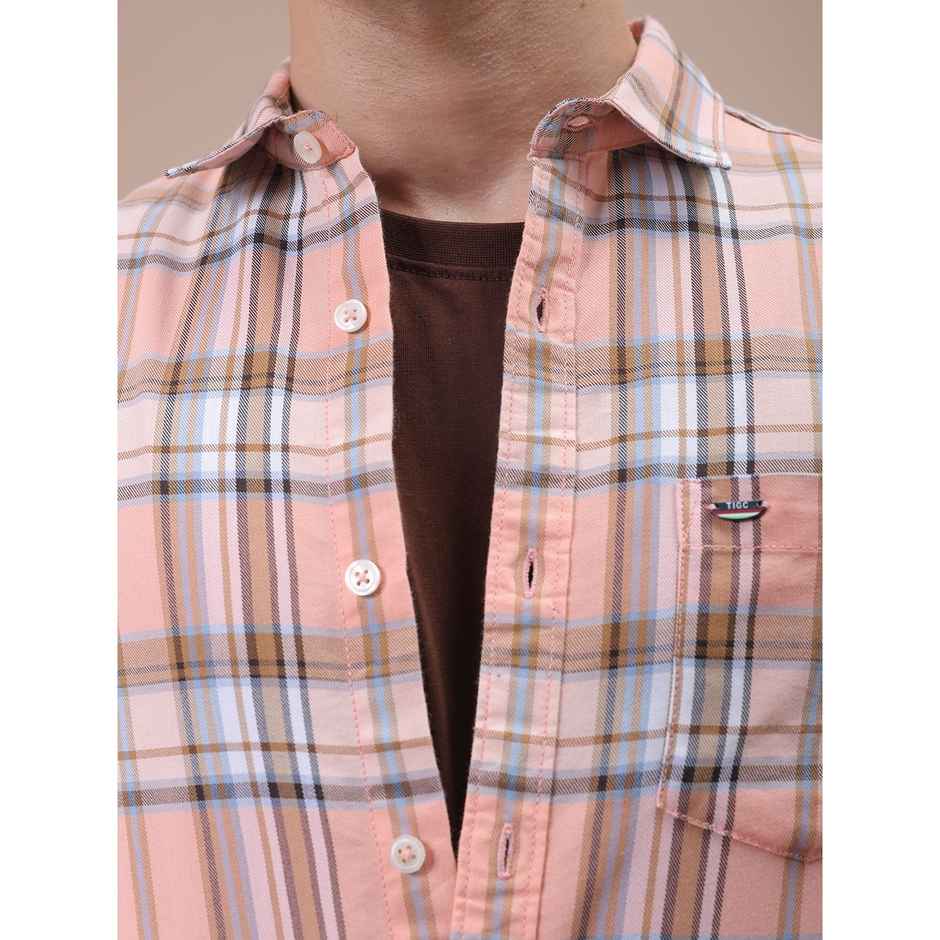The Indian Garage Co Men's Slim Fit Checkered Casual Shirt | Pink - S