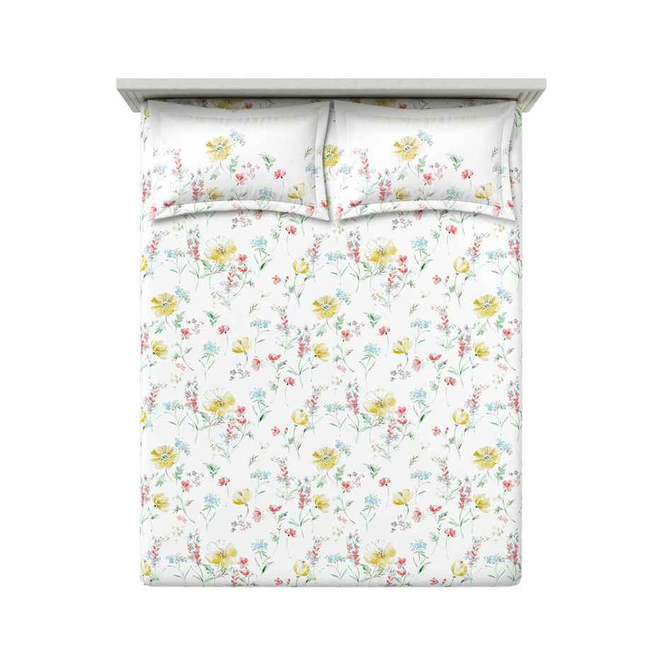 D'Decor Gifting Cotton Queen Flat Bedsheet | 145 TC Two Pillow Covers | Floral Yellow