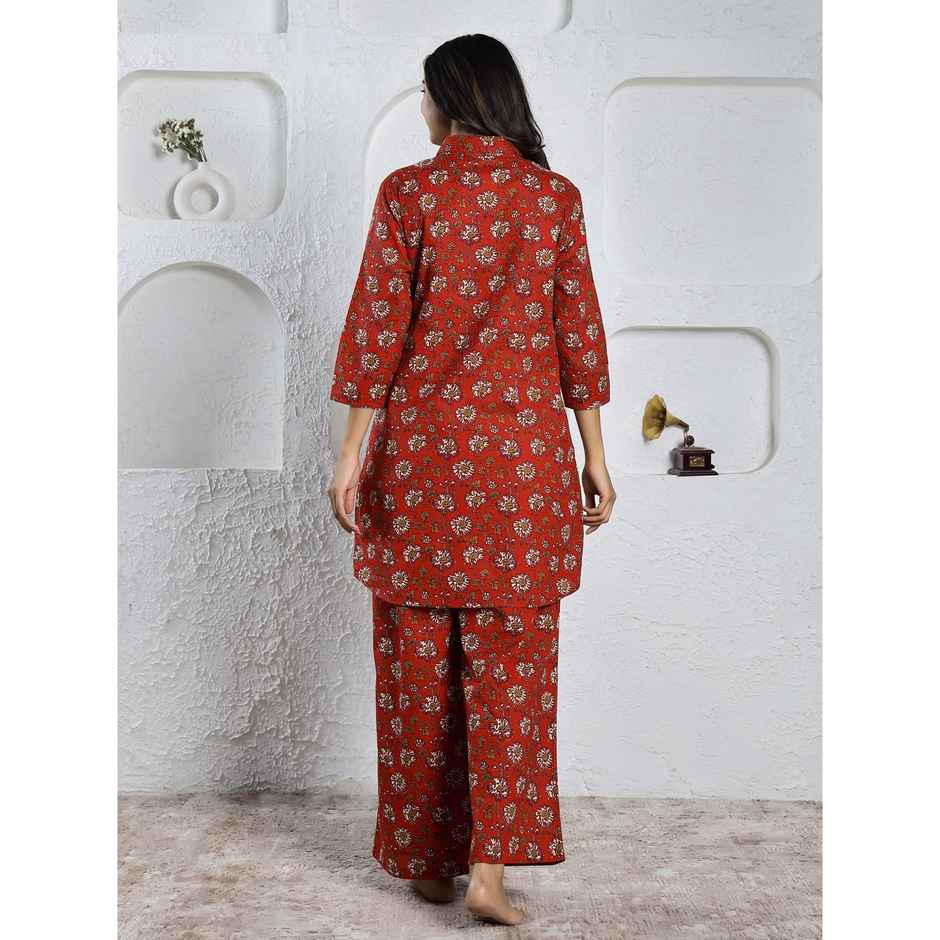 Sanskrutihomes Women Red Floral Printed Pure Cotton Night Suit | M