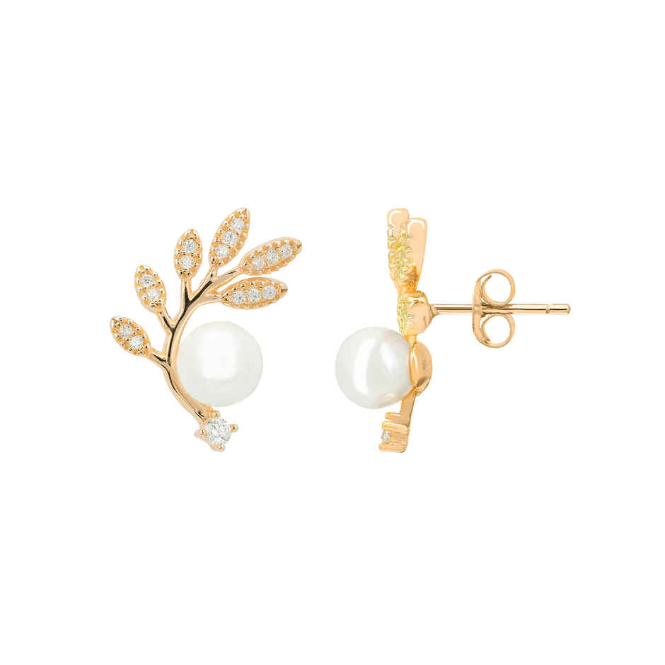 Yellow Chimes Gold Tone Leaflet Designed Pearl Studded Earrings for Women