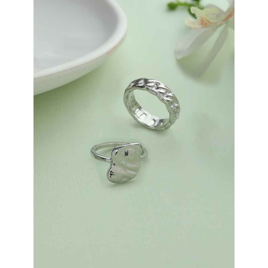 Prita By Priyassi Black Artificial Stone Silver Plated Ring | Set Of 2