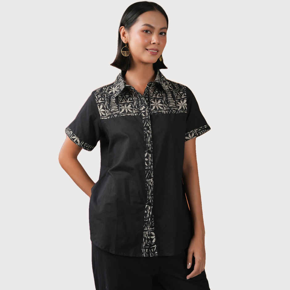 Sanskrutihomes Printed Shirt Collar Shirt With Trousers Co-Ords Set for Women s | Black | XL