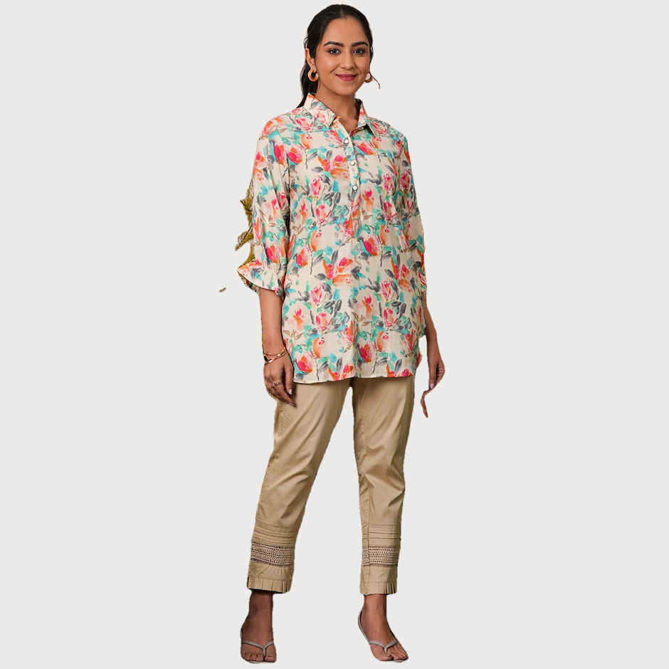 Libas Women's Printed Silk Blend Pathani Kurti | 37083 37083 | Cream - M